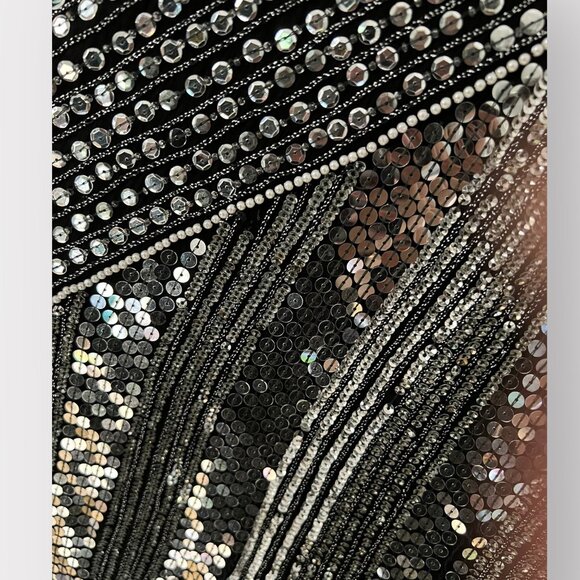 Vintage Sho Max Size S Silver Sequin Beaded Silk Long Sleeve Midi Disco Dress - Picture 8 of 12